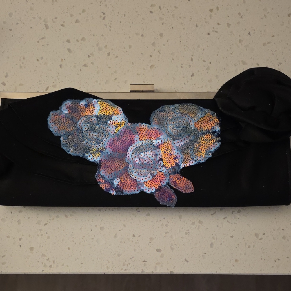Elegant Black Clutch with Sequin Floral Design